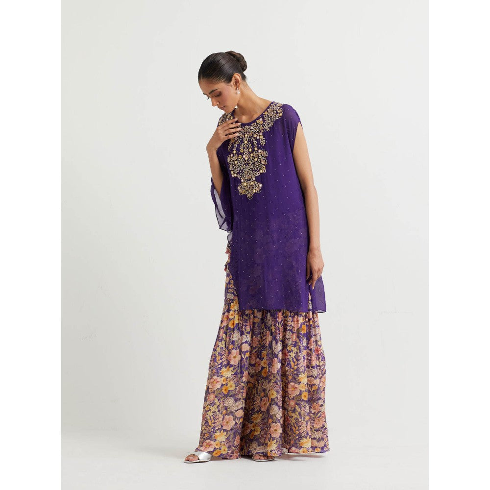 KAVITA BHARTIA Cape with Floral Sharara in Purple (Set of 2)