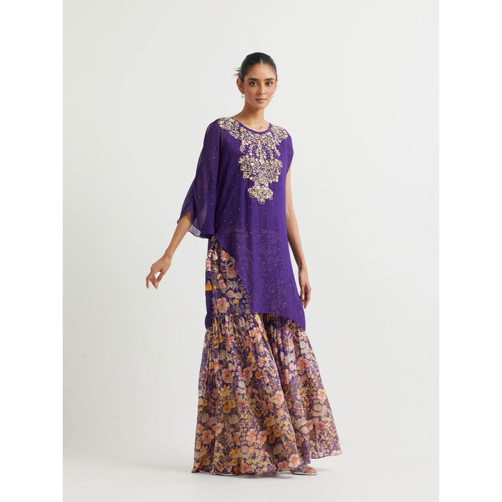 KAVITA BHARTIA Cape with Floral Sharara in Purple (Set of 2)