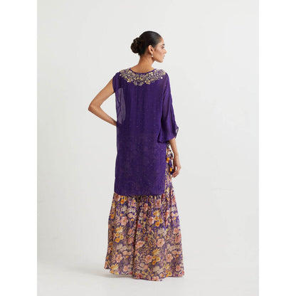 KAVITA BHARTIA Cape with Floral Sharara in Purple (Set of 2)