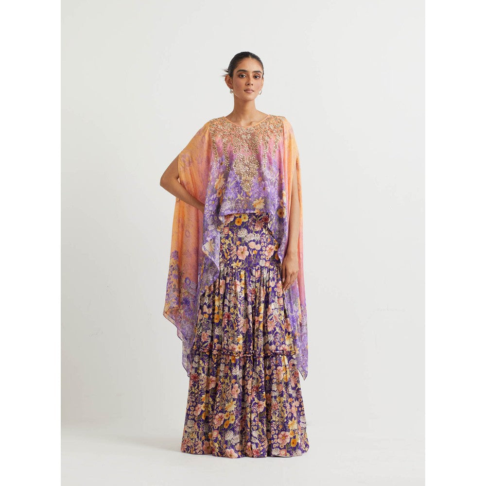 KAVITA BHARTIA Cape with Floral Skirt in Purple (Set of 2)