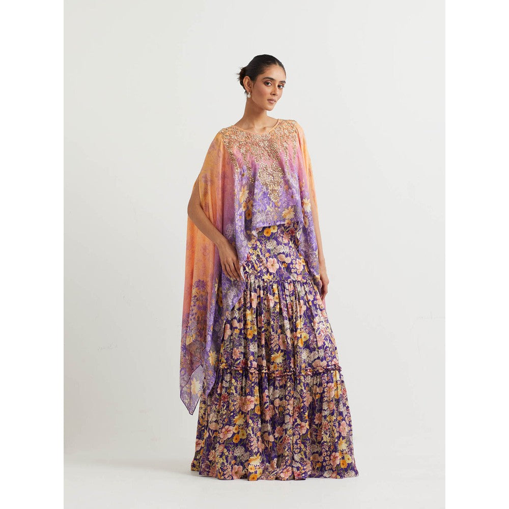 KAVITA BHARTIA Cape with Floral Skirt in Purple (Set of 2)