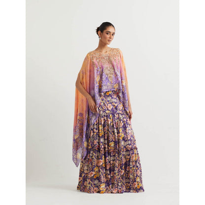 KAVITA BHARTIA Cape with Floral Skirt in Purple (Set of 2)