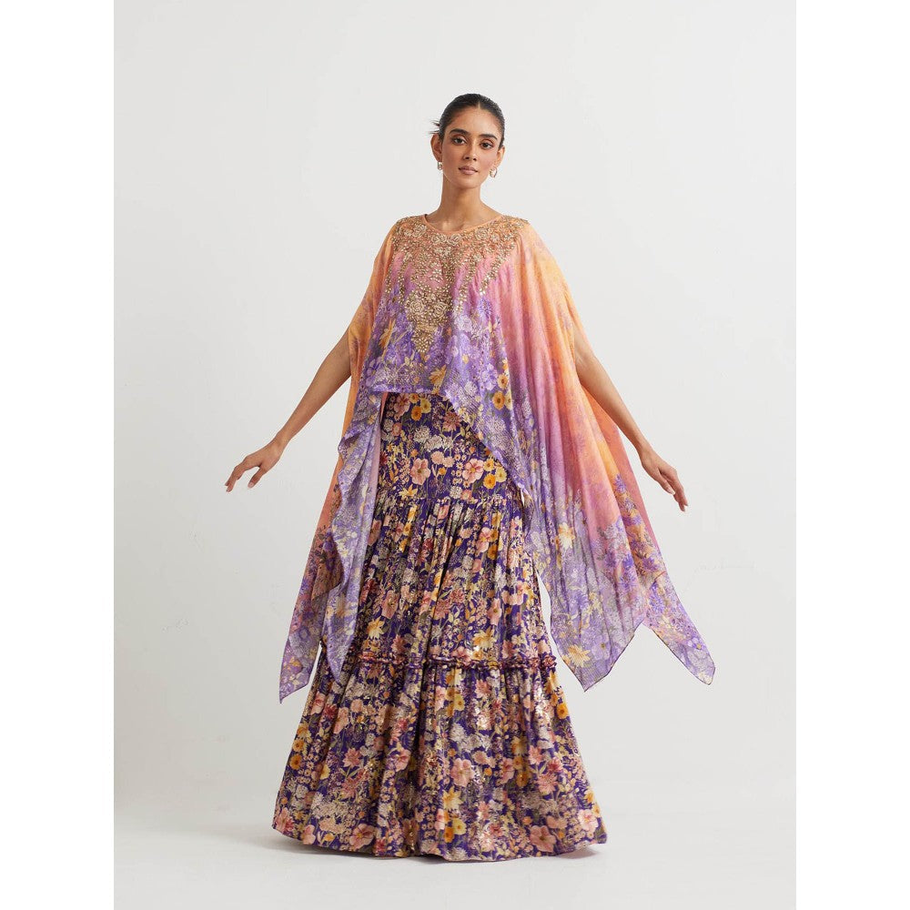 KAVITA BHARTIA Cape with Floral Skirt in Purple (Set of 2)