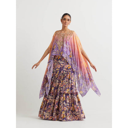 KAVITA BHARTIA Cape with Floral Skirt in Purple (Set of 2)