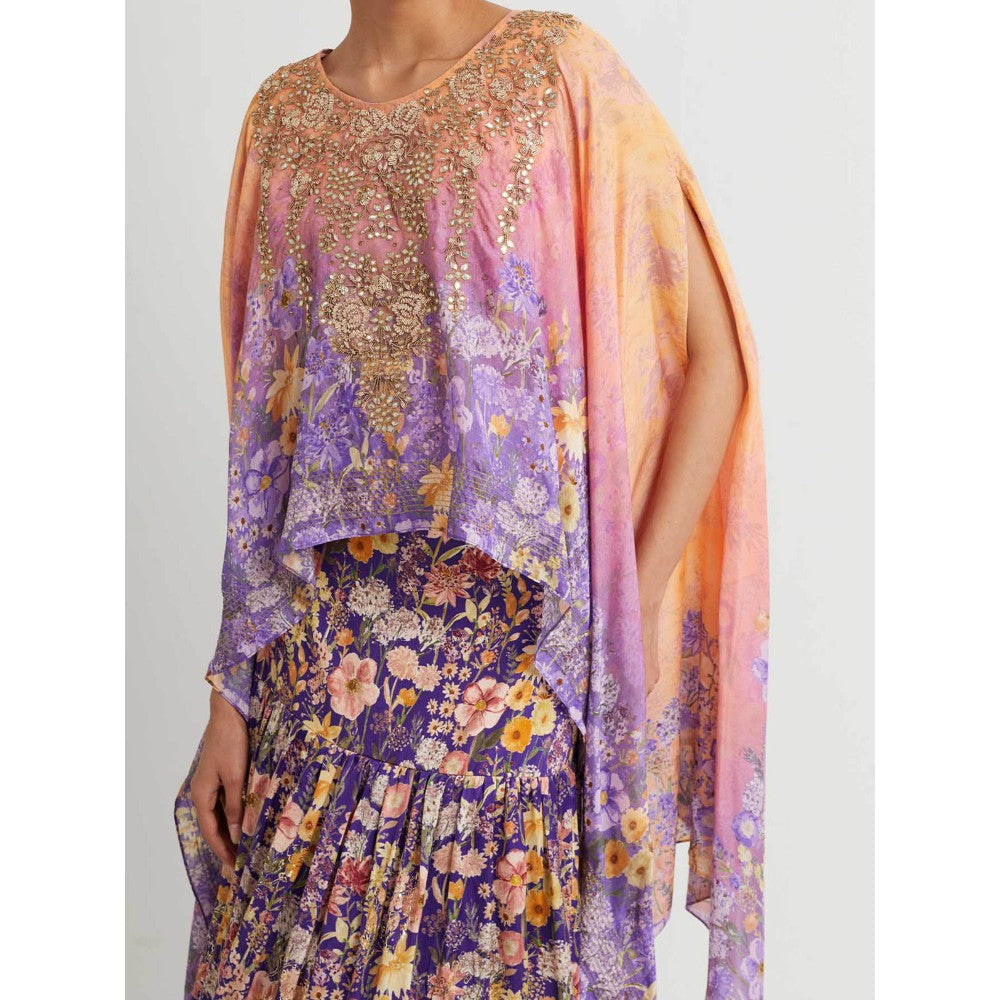 KAVITA BHARTIA Cape with Floral Skirt in Purple (Set of 2)