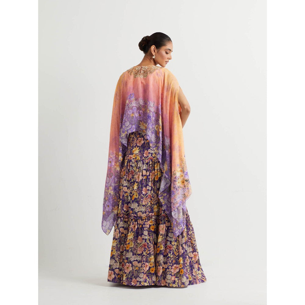 KAVITA BHARTIA Cape with Floral Skirt in Purple (Set of 2)