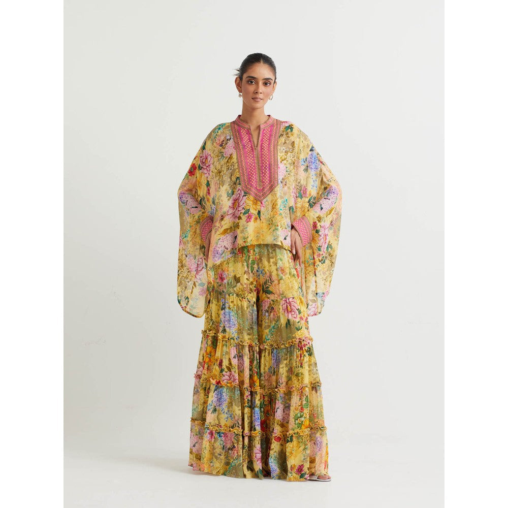 KAVITA BHARTIA Floral Poncho with Sharara in Yellow (Set of 2)
