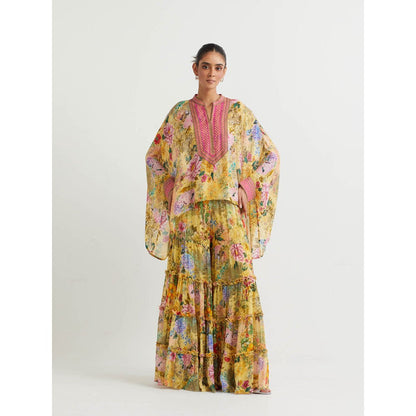 KAVITA BHARTIA Floral Poncho with Sharara in Yellow (Set of 2)