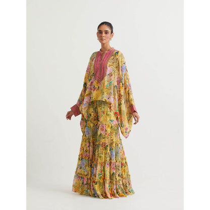 KAVITA BHARTIA Floral Poncho with Sharara in Yellow (Set of 2)