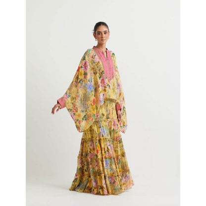 KAVITA BHARTIA Floral Poncho with Sharara in Yellow (Set of 2)