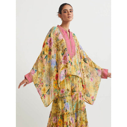KAVITA BHARTIA Floral Poncho with Sharara in Yellow (Set of 2)