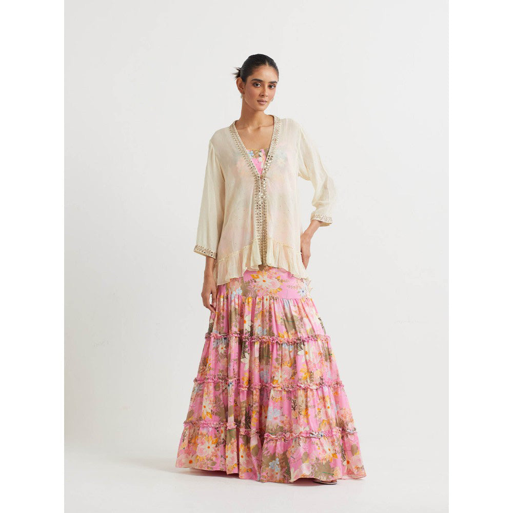 KAVITA BHARTIA Mirror Work Jacket with Skirt and Top in Pink (Set of 3)