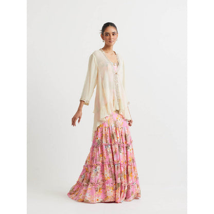 KAVITA BHARTIA Mirror Work Jacket with Skirt and Top in Pink (Set of 3)