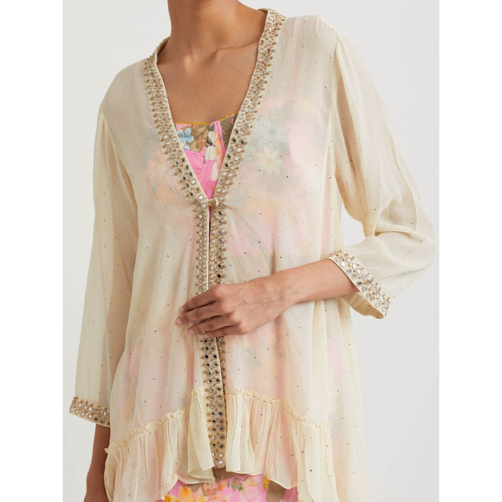 KAVITA BHARTIA Mirror Work Jacket with Skirt and Top in Pink (Set of 3)