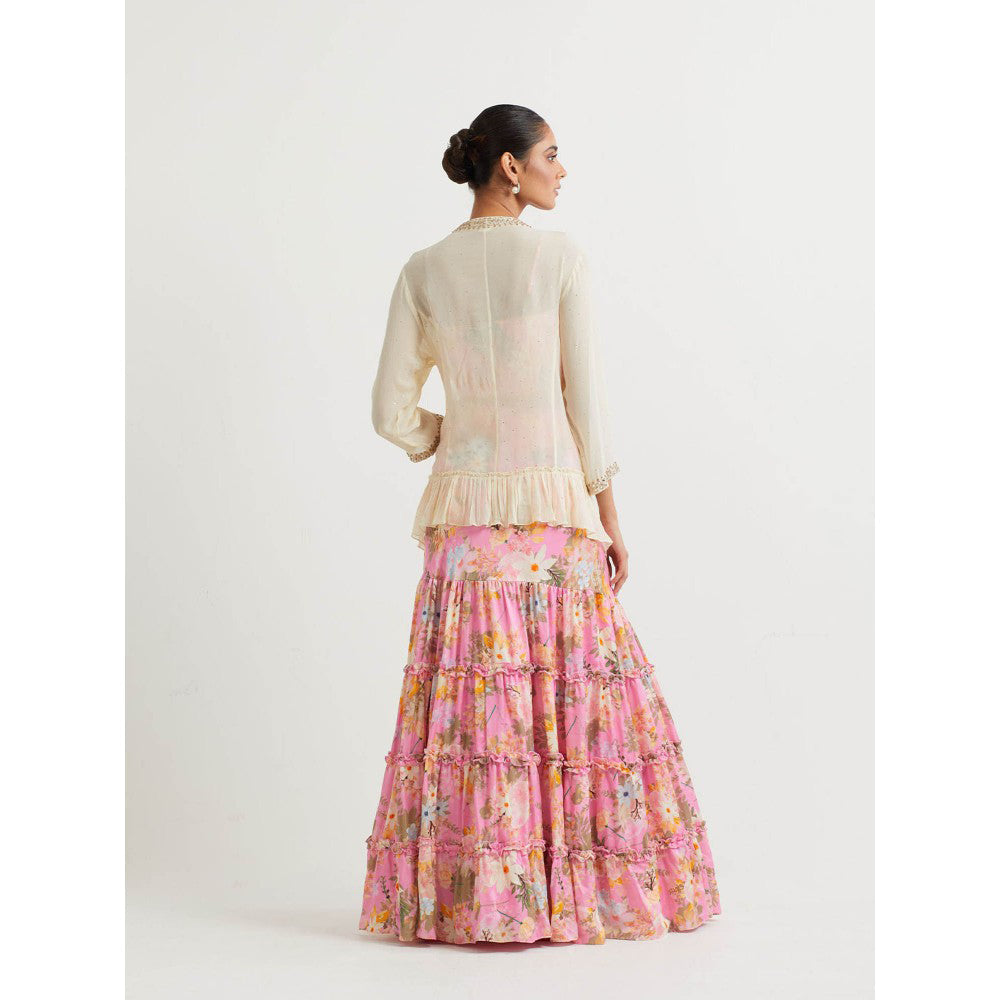 KAVITA BHARTIA Mirror Work Jacket with Skirt and Top in Pink (Set of 3)