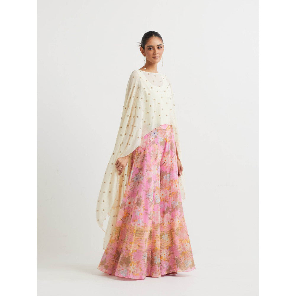 KAVITA BHARTIA Cape with Floral Sharara in Pink (Set of 3)