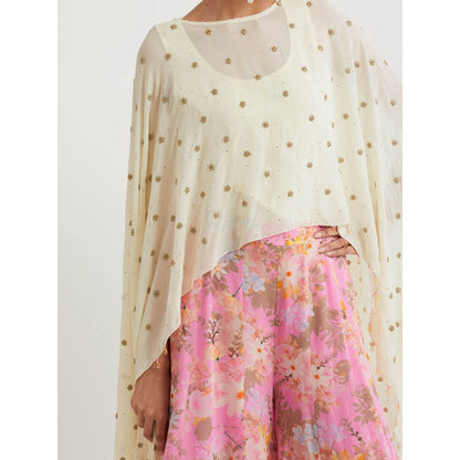 KAVITA BHARTIA Cape with Floral Sharara in Pink (Set of 3)