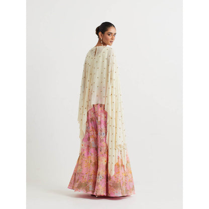 KAVITA BHARTIA Cape with Floral Sharara in Pink (Set of 3)