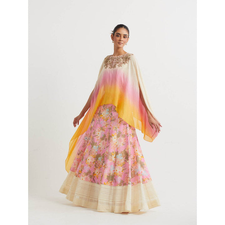 KAVITA BHARTIA Cape with Floral Skirt in Pink (Set of 2)