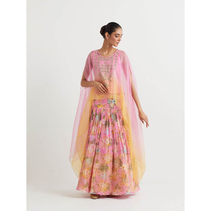 KAVITA BHARTIA Embroidered Cape with Skirt in Pink (Set of 2)