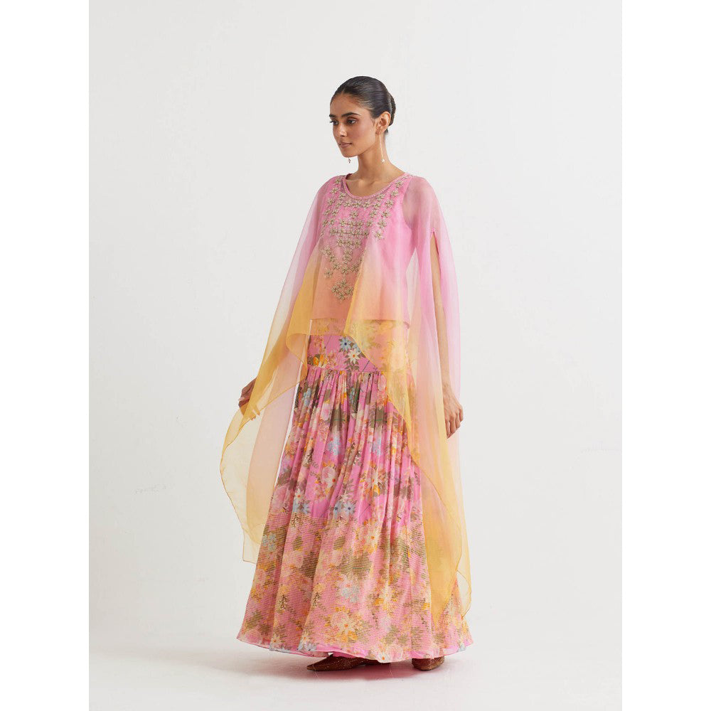 KAVITA BHARTIA Embroidered Cape with Skirt in Pink (Set of 2)