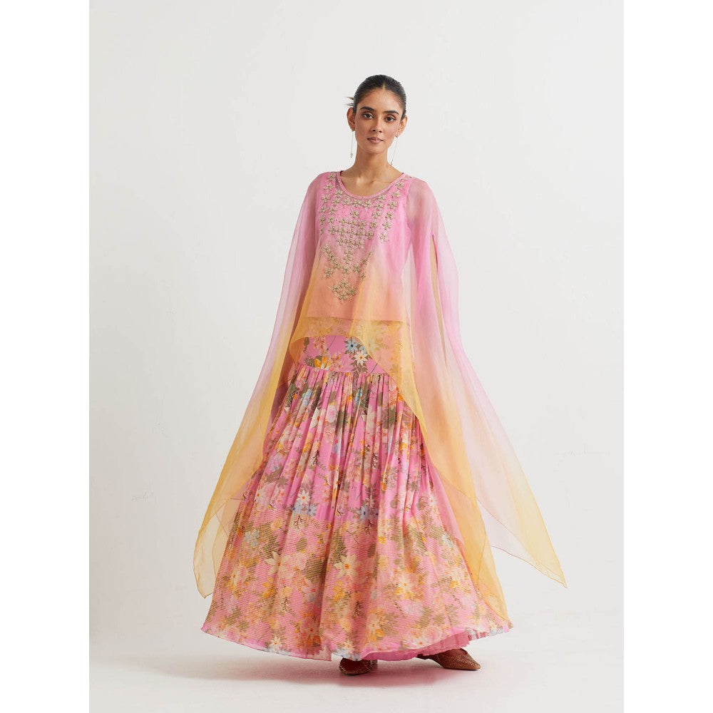 KAVITA BHARTIA Embroidered Cape with Skirt in Pink (Set of 2)