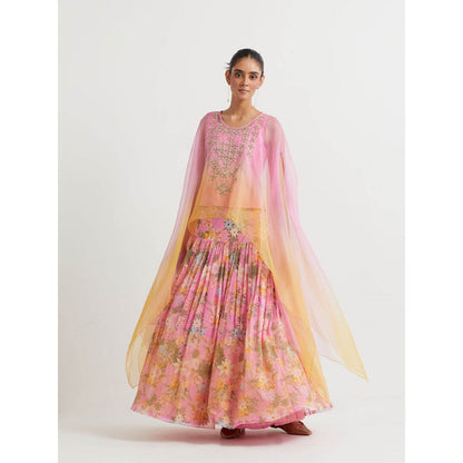 KAVITA BHARTIA Embroidered Cape with Skirt in Pink (Set of 2)