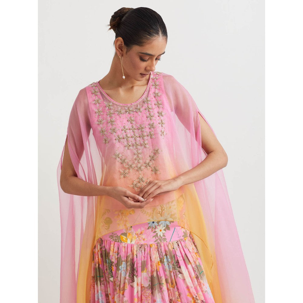 KAVITA BHARTIA Embroidered Cape with Skirt in Pink (Set of 2)