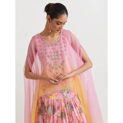 KAVITA BHARTIA Embroidered Cape with Skirt in Pink (Set of 2)