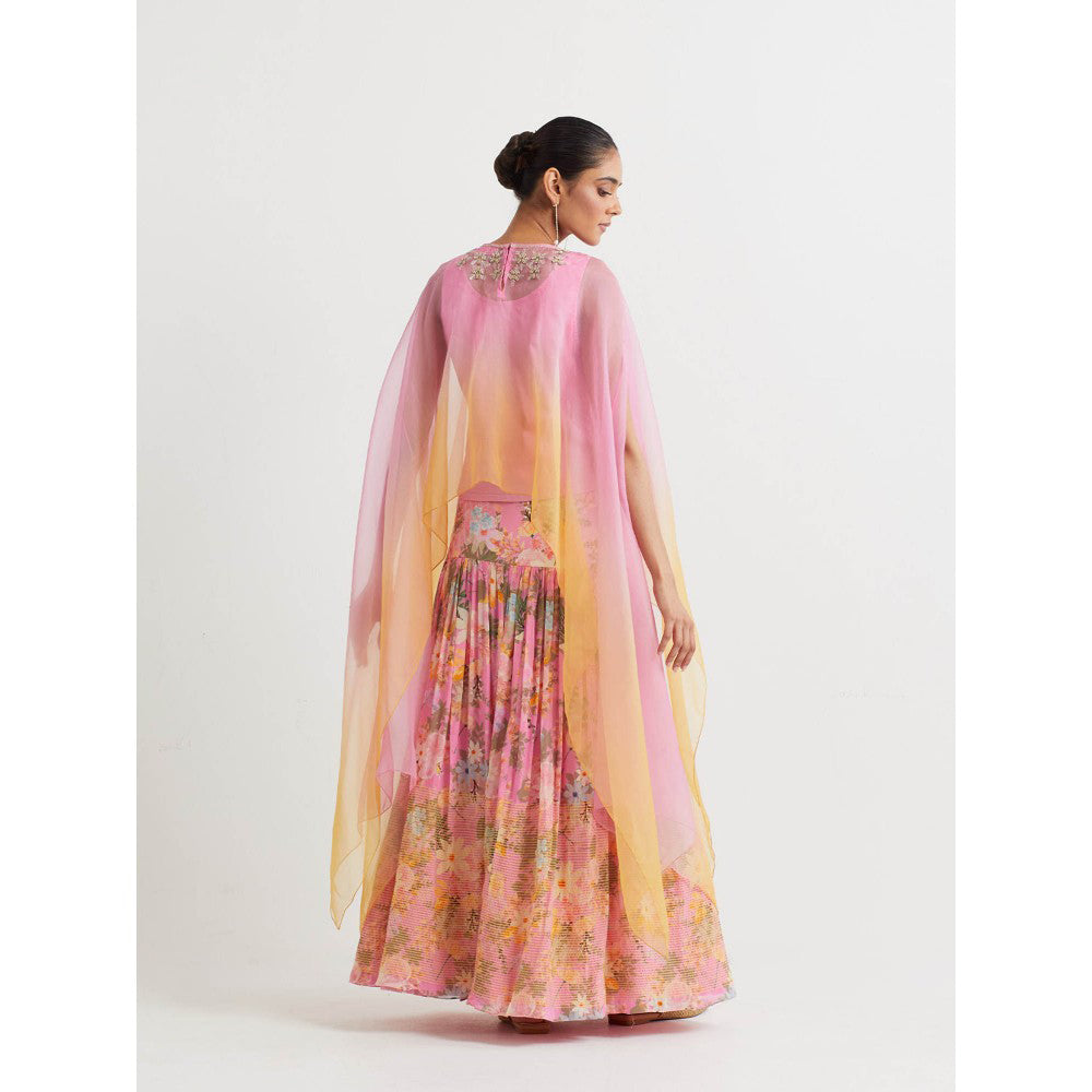 KAVITA BHARTIA Embroidered Cape with Skirt in Pink (Set of 2)
