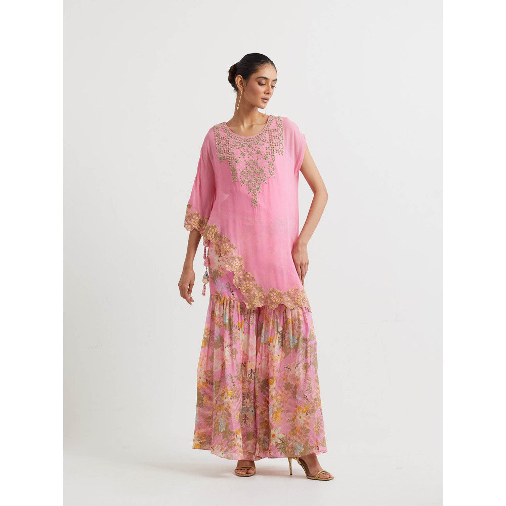 KAVITA BHARTIA Cape & Floral Sharara in Pink (Set of 2)