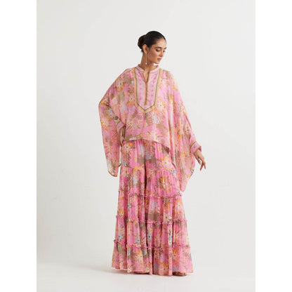 KAVITA BHARTIA Poncho with Floral Sharara in Pink (Set of 2)