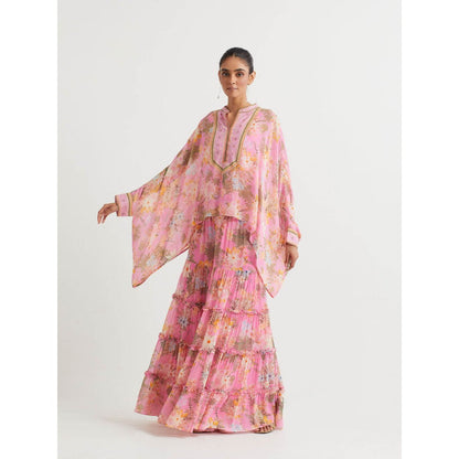 KAVITA BHARTIA Poncho with Floral Sharara in Pink (Set of 2)