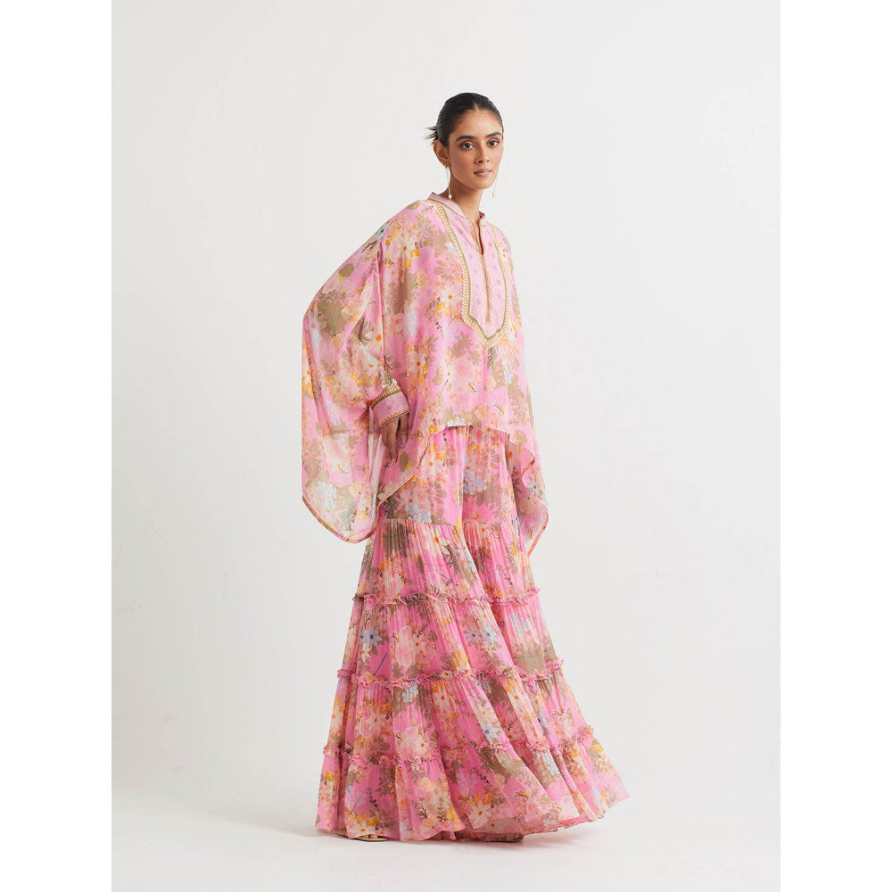 KAVITA BHARTIA Poncho with Floral Sharara in Pink (Set of 2)