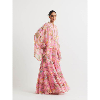 KAVITA BHARTIA Poncho with Floral Sharara in Pink (Set of 2)
