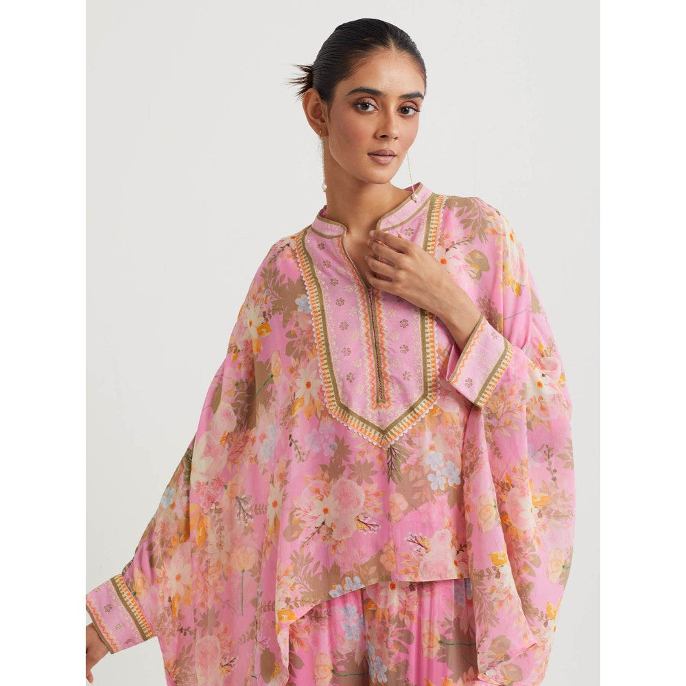 KAVITA BHARTIA Poncho with Floral Sharara in Pink (Set of 2)