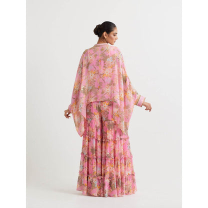 KAVITA BHARTIA Poncho with Floral Sharara in Pink (Set of 2)