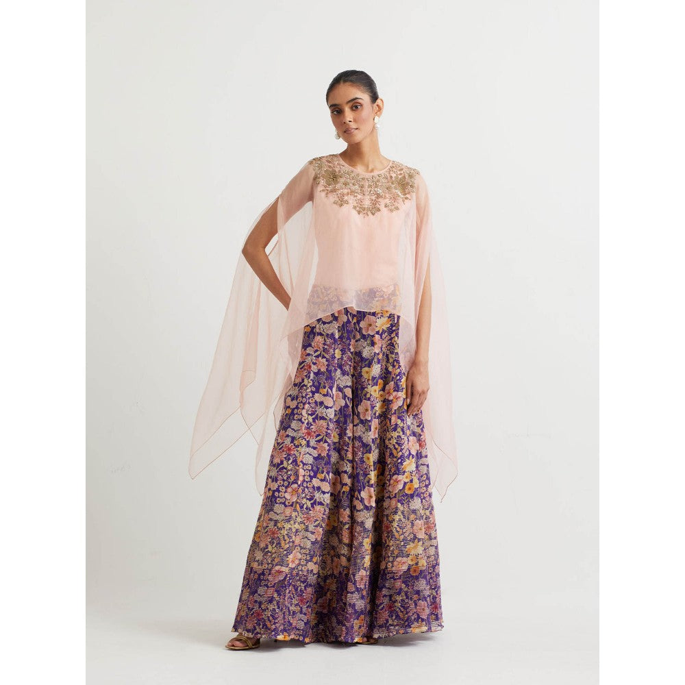 KAVITA BHARTIA Cape & Floral Dress in Purple (Set of 3)