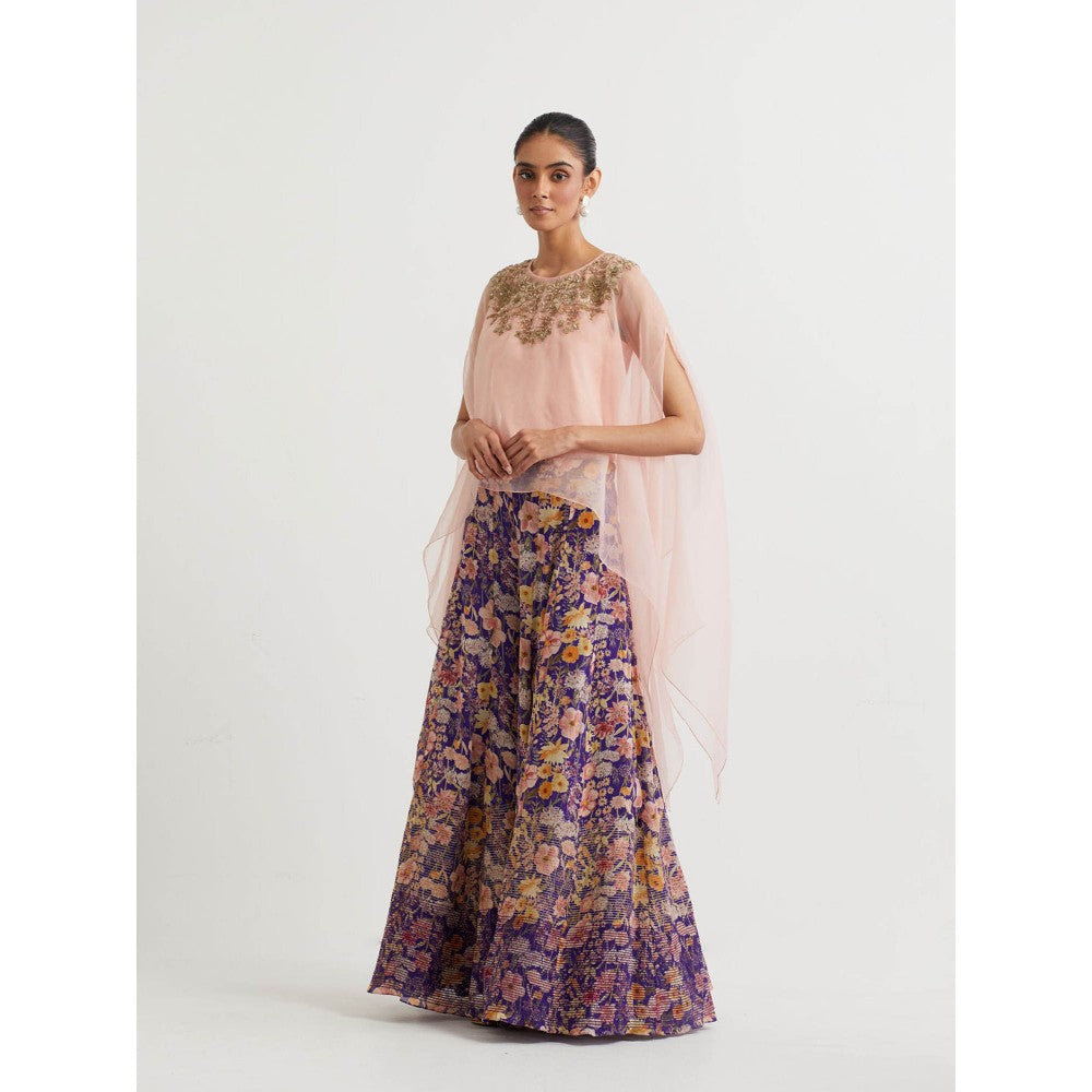 KAVITA BHARTIA Cape & Floral Dress in Purple (Set of 3)