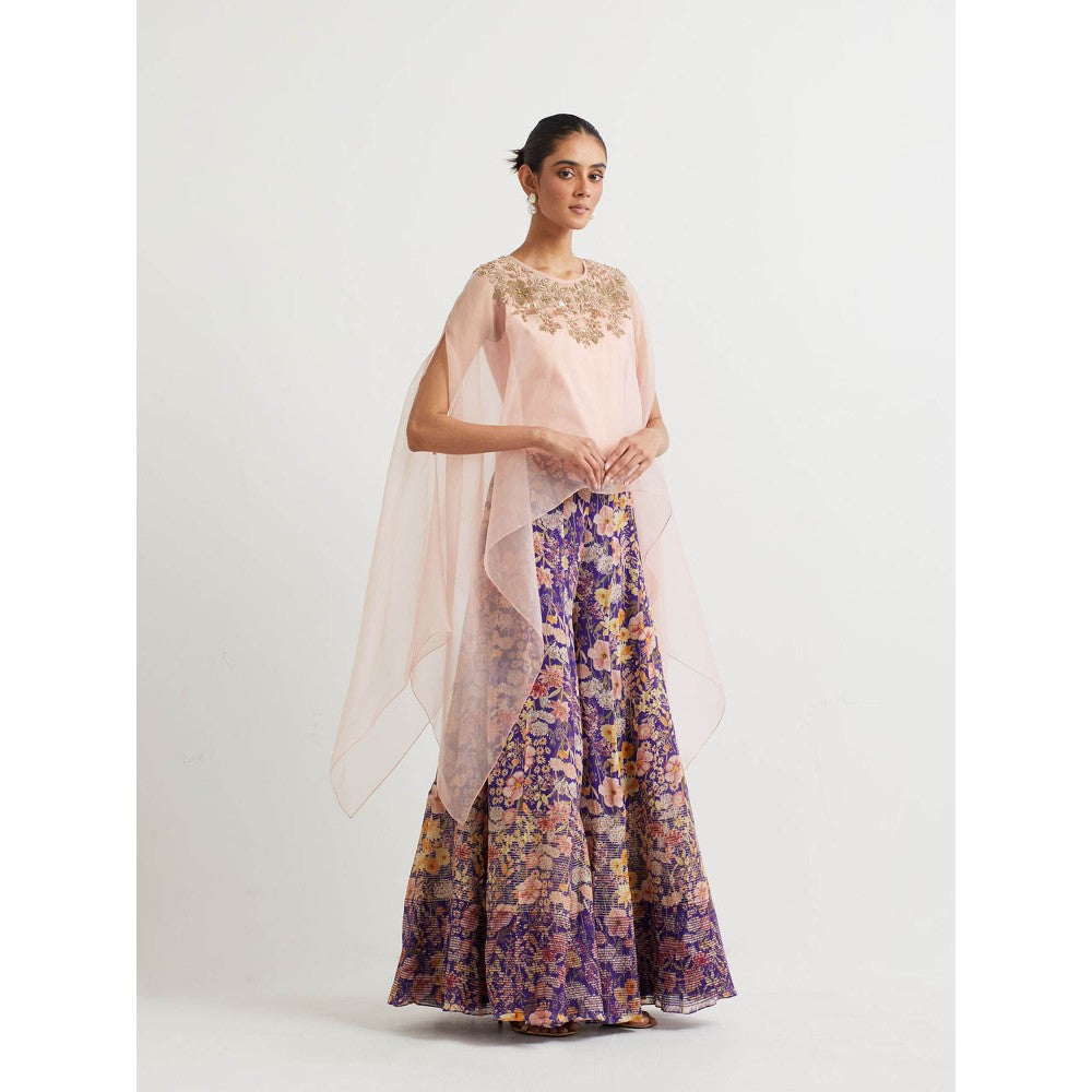 KAVITA BHARTIA Cape & Floral Dress in Purple (Set of 3)