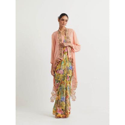 KAVITA BHARTIA Floral Saree with Cape in Multi-Color and Stitched Blouse