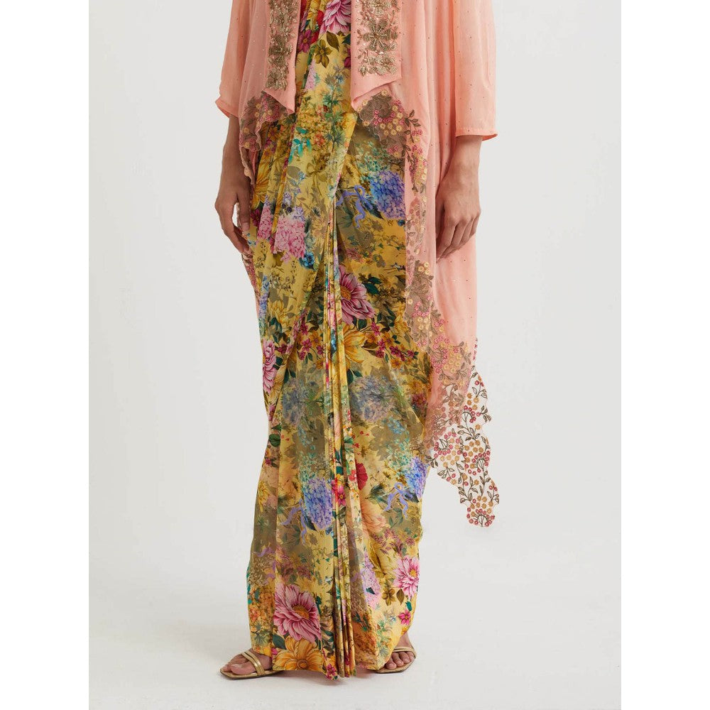 KAVITA BHARTIA Floral Saree with Cape in Multi-Color and Stitched Blouse