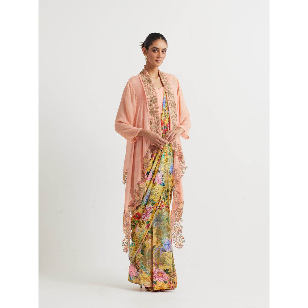 KAVITA BHARTIA Floral Saree with Cape in Multi-Color and Stitched Blouse