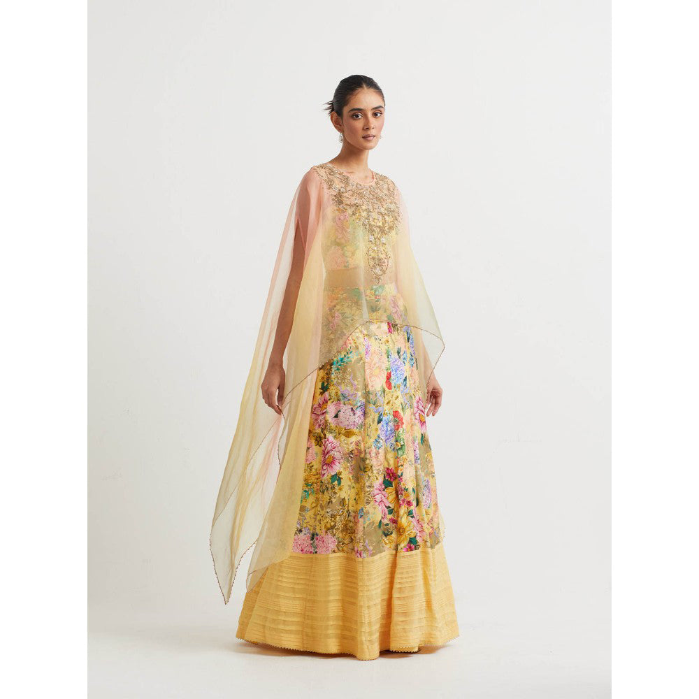 KAVITA BHARTIA Cape with Floral Skirt in Yellow (Set of 3)