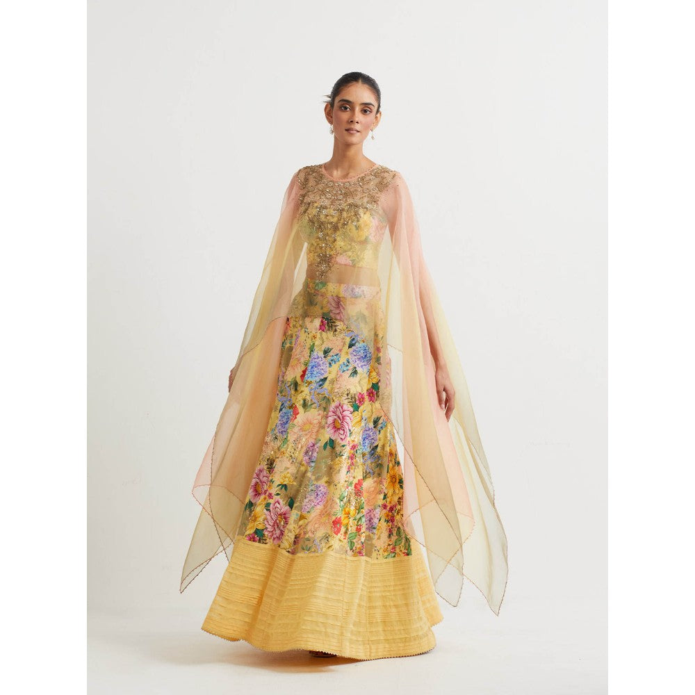 KAVITA BHARTIA Cape with Floral Skirt in Yellow (Set of 3)