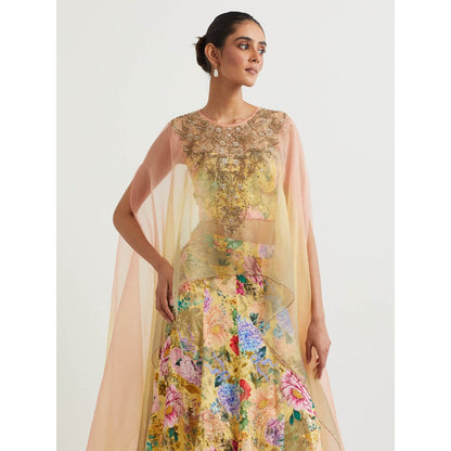 KAVITA BHARTIA Cape with Floral Skirt in Yellow (Set of 3)