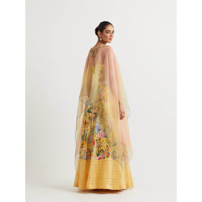 KAVITA BHARTIA Cape with Floral Skirt in Yellow (Set of 3)
