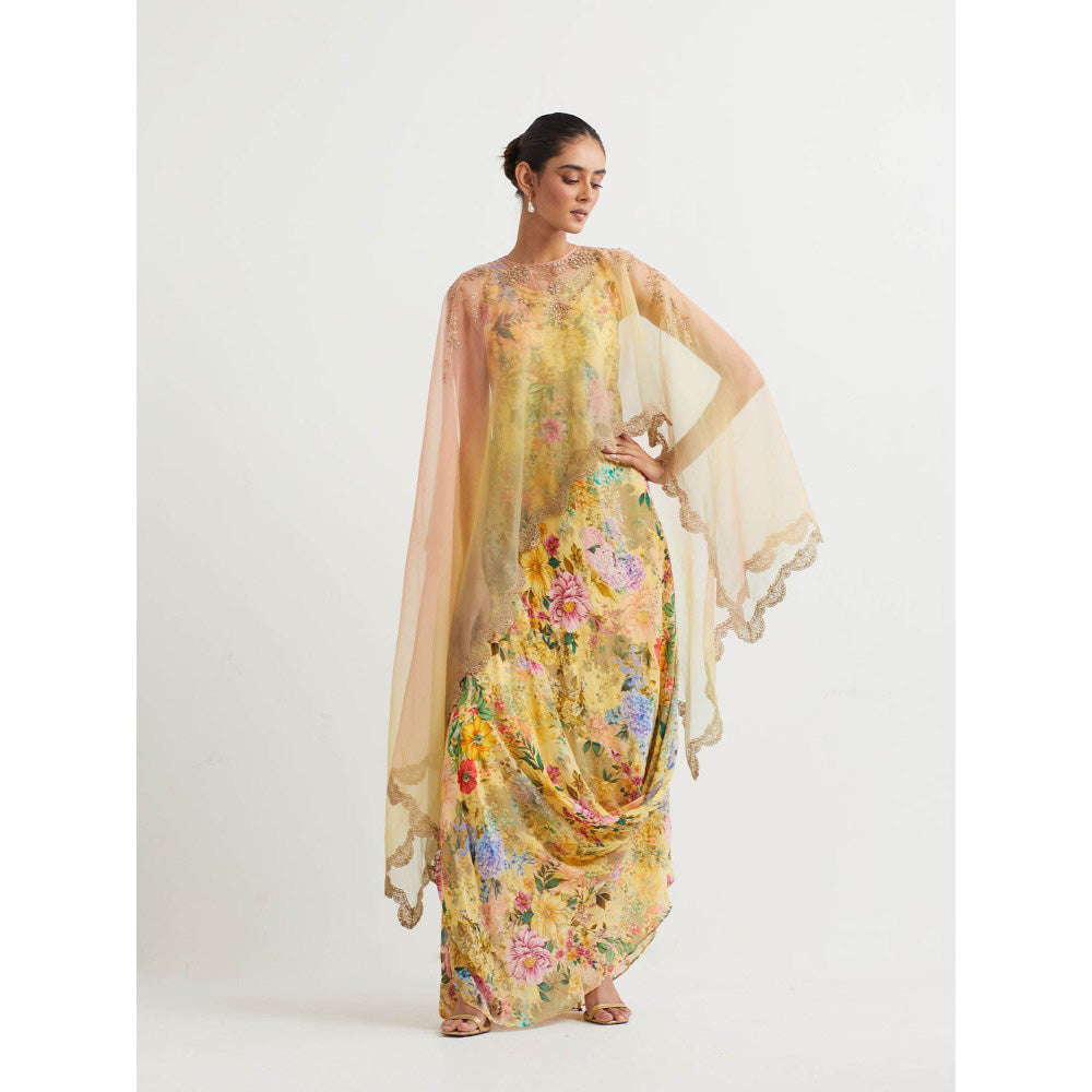 KAVITA BHARTIA Cape with Floral Dress in Yellow (Set of 2)