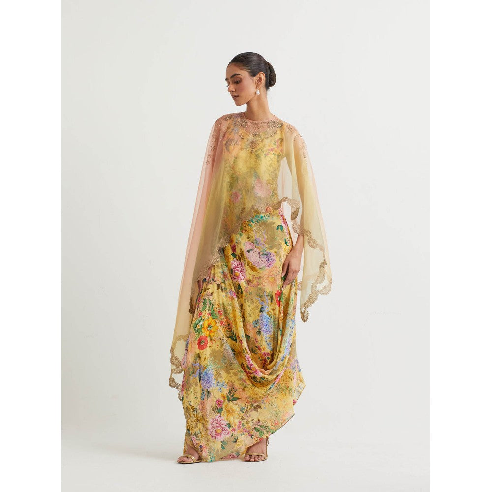 KAVITA BHARTIA Cape with Floral Dress in Yellow (Set of 2)