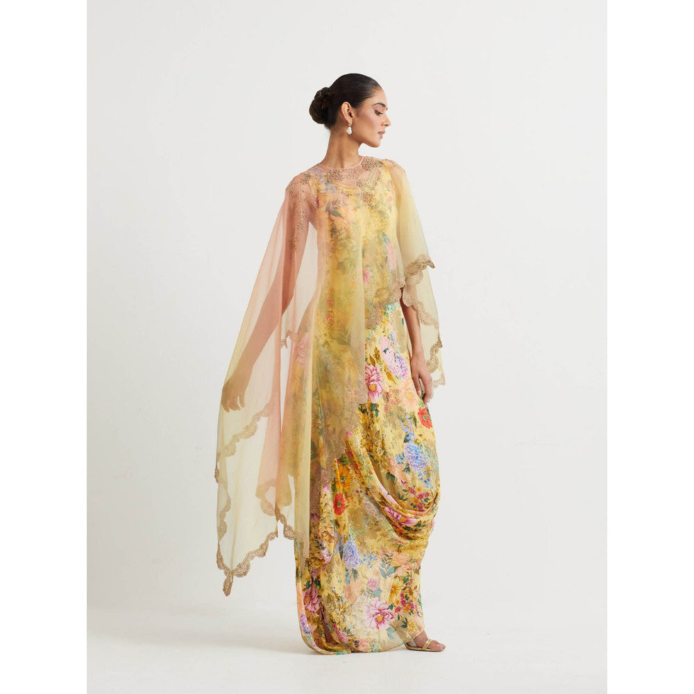 KAVITA BHARTIA Cape with Floral Dress in Yellow (Set of 2)